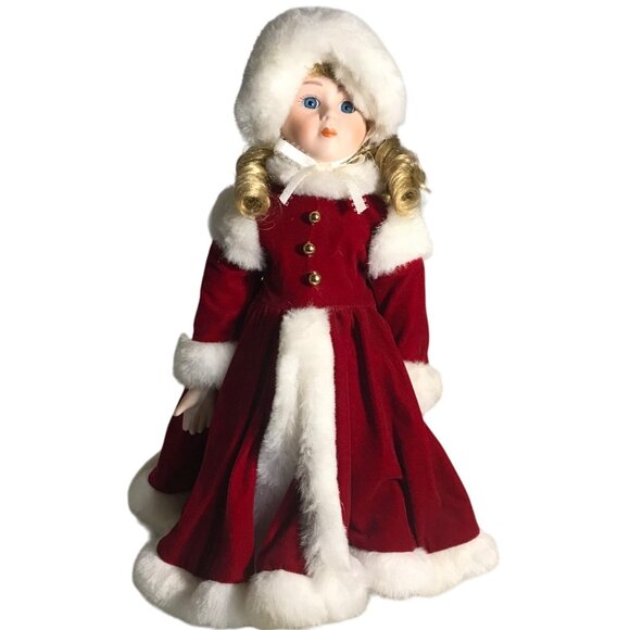Vtg Anco 18" Porcelain Doll Karen Red Velvet Faux Fur Winter Outfit with Stand - Picture 1 of 13